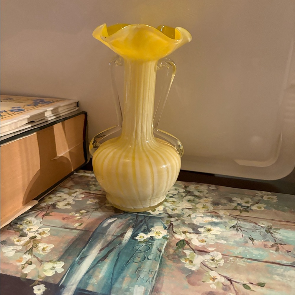 Gorgeous Hand Blown Yellow and White Vase with Handles